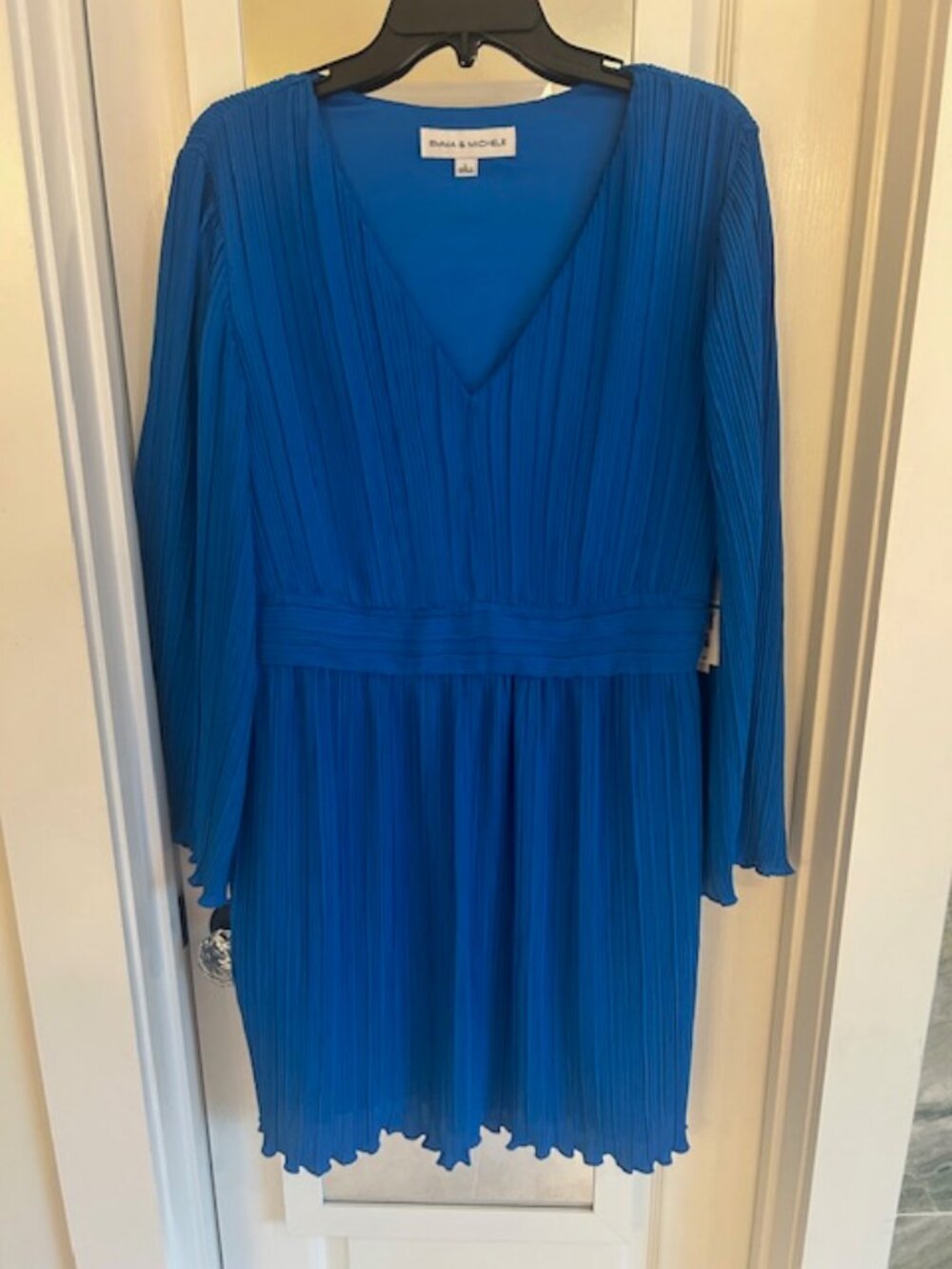 Bright blue pleated long sleeve dress, L. NWT